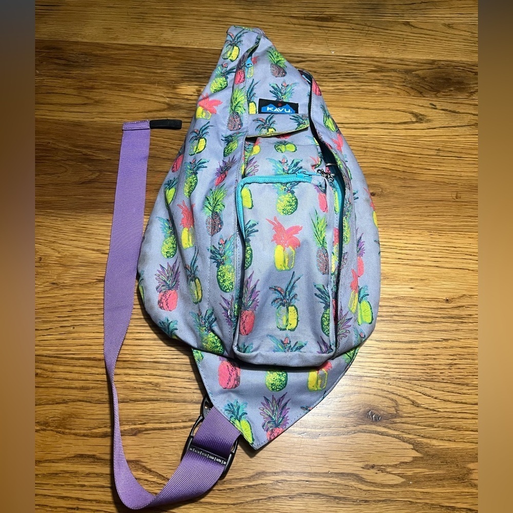Kavu Pineapple Print Sling Bag with Pink Strap